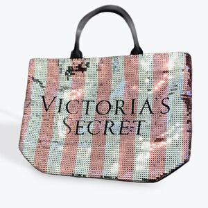 Victoria's Secret Sequins Tote Bag Pink Silver Stripe Large Beach Travel